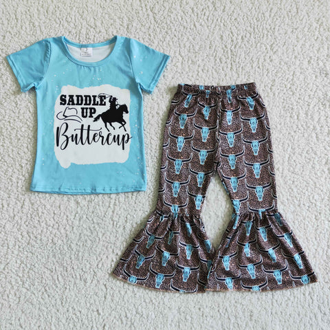 Promotion $5.5/set no MOQ RTS blue short sleeve shirt and pants girls outfits