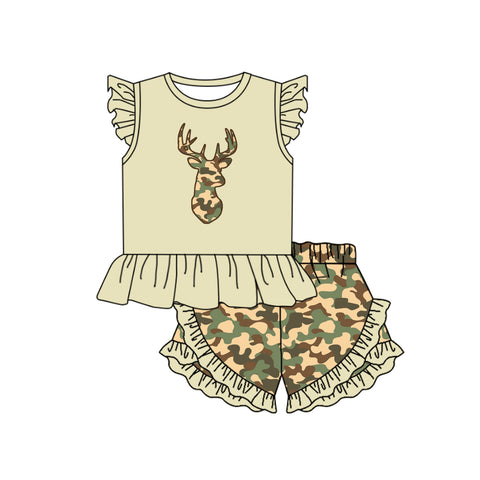 Order Deadline:22th Apr. Split order baby girl clothes deer camouflage girl summer shorts set