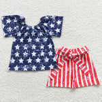 D13-29 Girl Navy Stars Red Striped Shorts Outfit-promotion 2024.5.18
