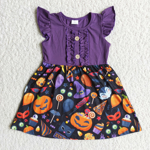 Promotion $5.5/set purple Halloween pumpkin short sleeve girls dress