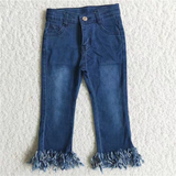 Girl Solid Tassels Straight Jeans