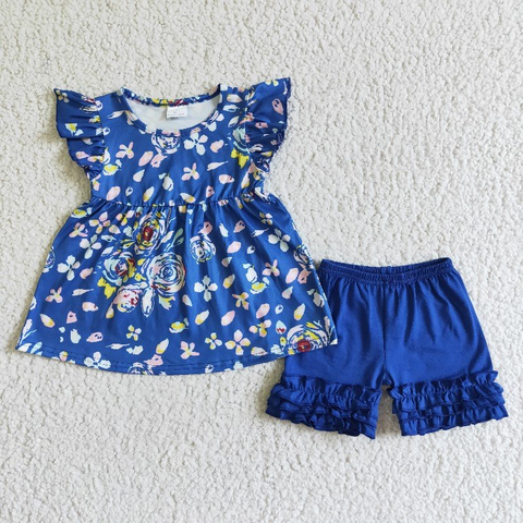 D5-16 Girl Navy Floral Ruffle Shorts Outfit-promotion 2024.2.24