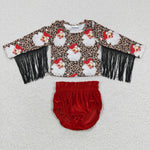 Toddler girls leopard fringe top velvet christmas red bummie set