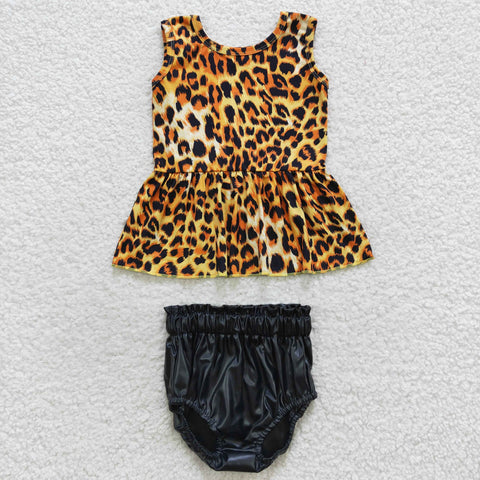 Little girl leopard top black leather bummie set