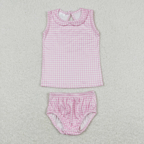 GBO0222 baby girl clothes pink gingham girl summer bummies set