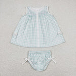 GBO0259  baby girl clothes blue plaid girl summer bummies sets