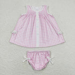 GBO0263 baby girl clothes pink plaid girl summer bummies sets