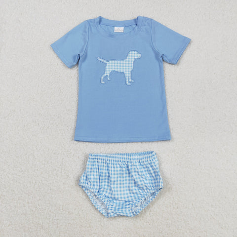 GBO0470   toddler boy clothes Embroidered dog  boy summer bummies set