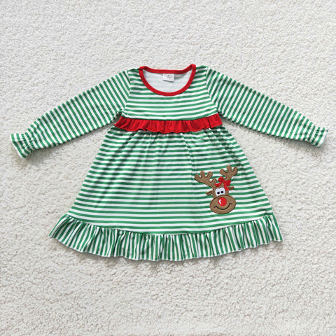 Reindeer applique girl christmas green striped dress