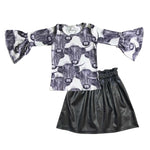 Cow print flare top black skirt kids set