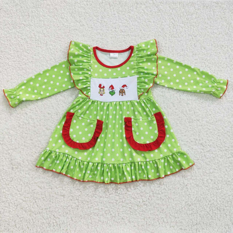 Girl christmas green dotted embroidery long sleeve flutter dress