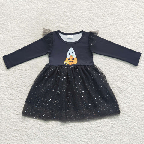 Little girl pumpkin halloween black long sleeve tutu dress