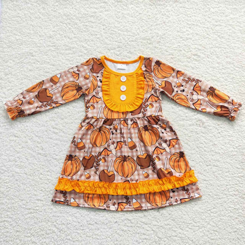 Little girl pumpkin fall long sleeve plaid ruffle dress