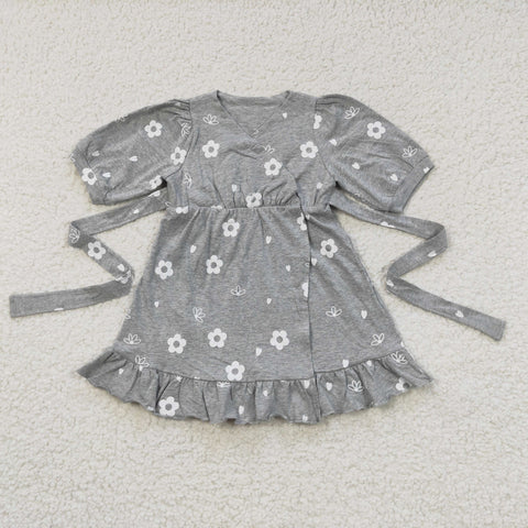 Girls floral cotton gray belt dress