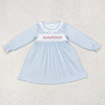 GLD0508  toddler girl clothes embroidery blue bow girl fall dress