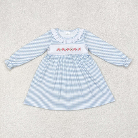 GLD0508  toddler girl clothes embroidery blue bow girl fall dress