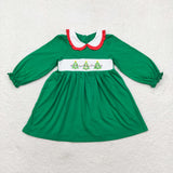 GLD0559   toddler girl clothes embroidery green tree girl christmas smocked dress