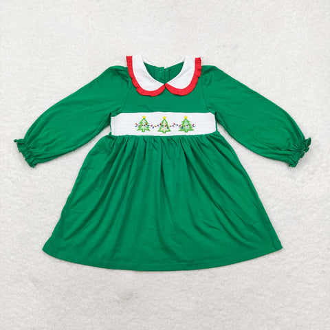 GLD0559   toddler girl clothes embroidery green tree girl christmas smocked dress