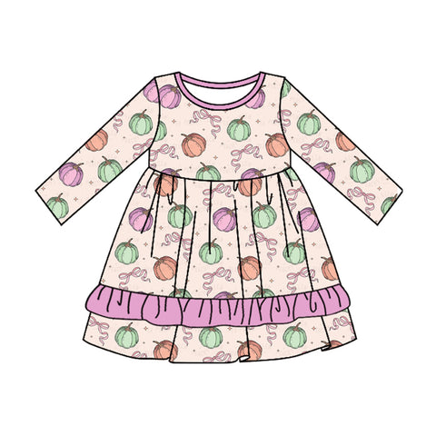 GLD0667 pre-order  toddler girl clothes pumpkin bow girl thanksgiving winter dress-2024.7.23