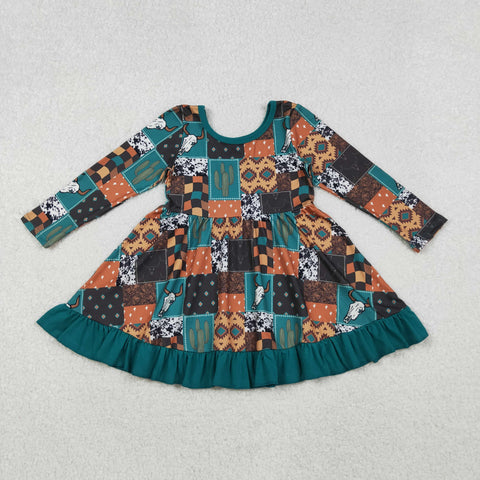 GLD0837  toddler girl clothes bull print girl western winter dress