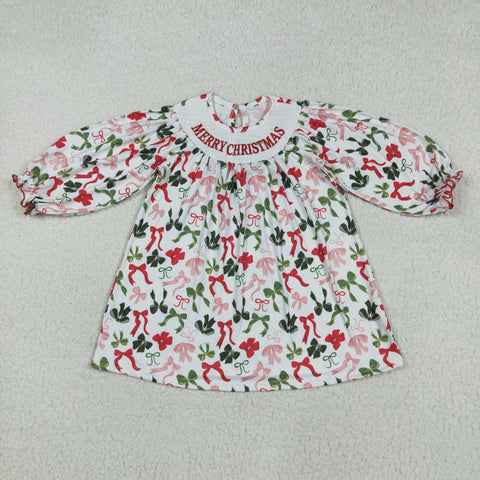 GLD1094   toddler clothes embroidery smocked bows baby girl christmas  winter dress