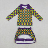 GLD1362   baby girl clothes gingham toddler girl mardi gras yoga skirt outfit
