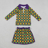GLD1362   baby girl clothes gingham toddler girl mardi gras yoga skirt outfit