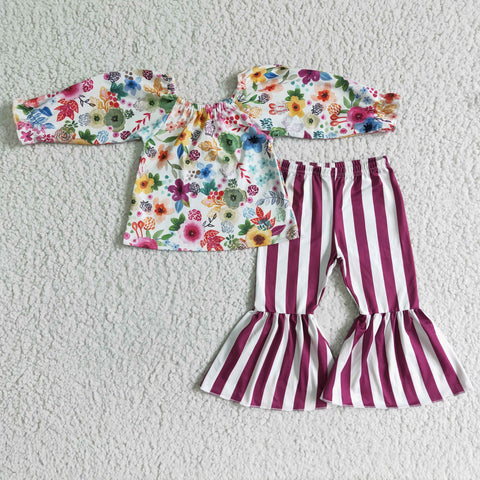 GLP0013 Promotion $5.5/set no MOQ RTS flower long sleeve shirt and pants girls outfits