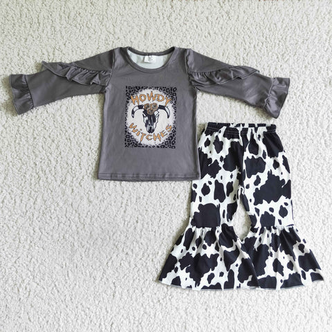 GLP0102   Promotion $5.5/set no MOQ RTS cow long sleeve shirt and pants girls outfits