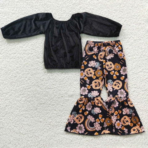 Girl black velvet top fall floarl pumpkin bell bottom set