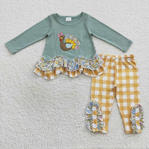 Turkey applique girl fall ruffle plaid pants outfit