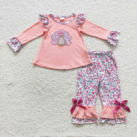 Kids girl fall turkey applique floral outfit