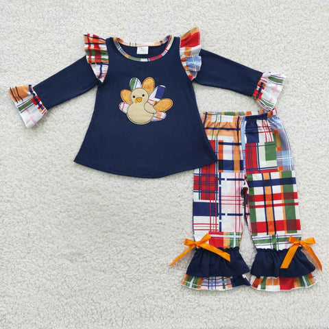Girl thanksgiving turkey applique navy plaid outfit
