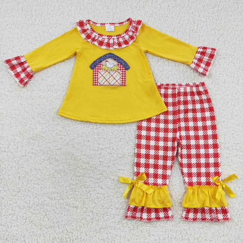 Girl applique yellow top red plaid pants outfit