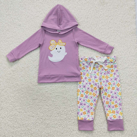 Girl ghost embroidery fall floral purple hooded outfit