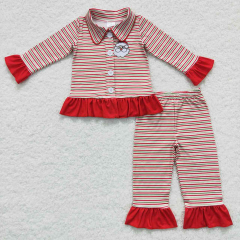 Santa baby girls christmas embroidery striped pajamas set