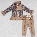 Girl camo polo top ruffle long pants outfit