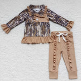 Girl camo polo top ruffle long pants outfit
