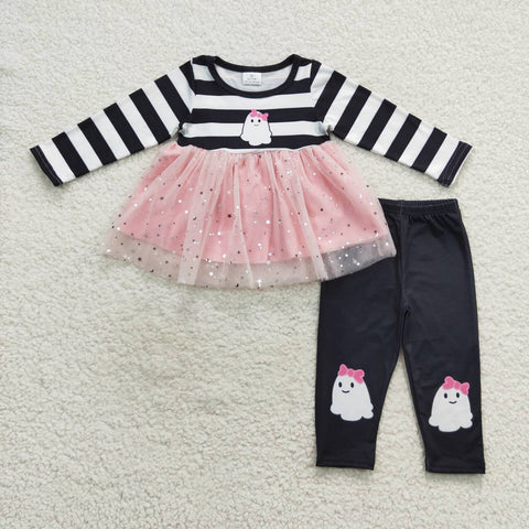 Toddler girl ghost tutu striped top halloween outfit