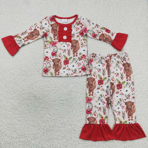 Girl highland cow floral ruffle red outfit