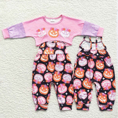 Pumpkin flowers girl halloween strap romper set