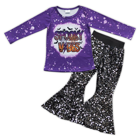 Spooky vibes purple halloween girls sequined black pants outfit