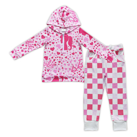 Valentine's girl pink barbie plaid pants hood outfit