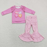 GLP1165 baby girl clothes pink heart girl valentines day bell bottoms jeans outfits