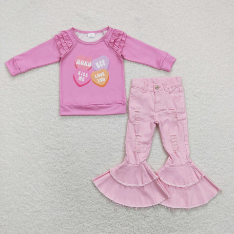 GLP1165 baby girl clothes pink heart girl valentines day bell bottoms jeans outfits