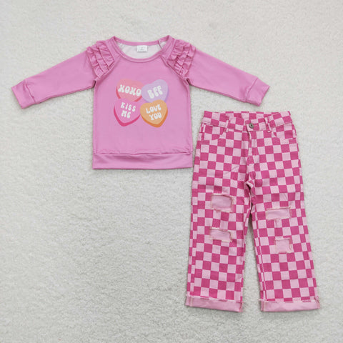 GLP1166 baby girl clothes pink heart girl valentines day bell bottoms jeans outfits