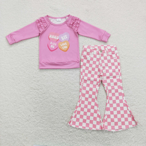 GLP1167 baby girl clothes pink heart girl valentines day bell bottoms jeans outfits