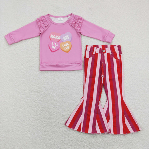 GLP1168 baby girl clothes pink heart girl valentines day bell bottoms jeans outfits