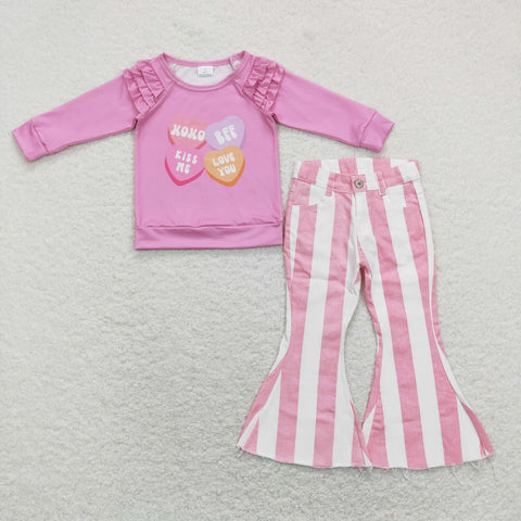 GLP1169 baby girl clothes pink heart girl valentines day bell bottoms jeans outfits