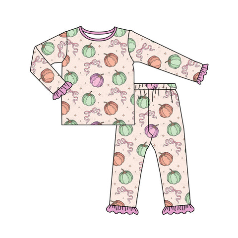 GLP1497 pre-order  toddler girl clothes pumpkin bow girl thanksgiving winter pajamas set-2024.7.23